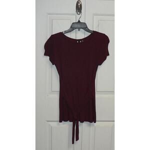 H By Bordeaux Tie Front Fine Ribbed Knit Short Sleeve Tee HT Dark Red MSRP $58